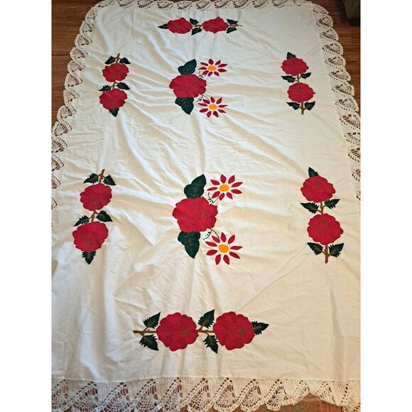 Handmade Red Rose & Daisy Applique Quilt Full Crochet Lace Trim Country 87x59 - Picture 7 of 8